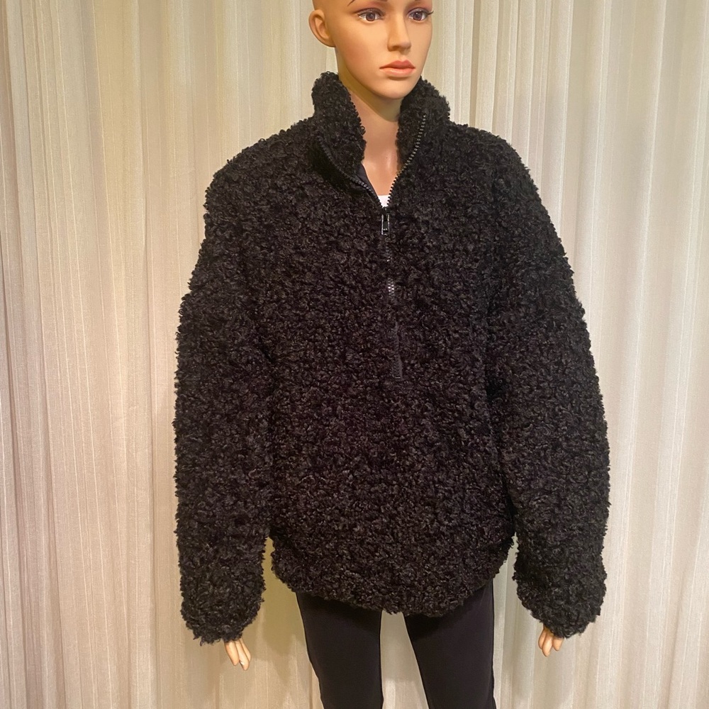 Cynthia Rowley OVERSIZED Faux Fur Shearling Pull Over Black Quarter Zip Front Lg